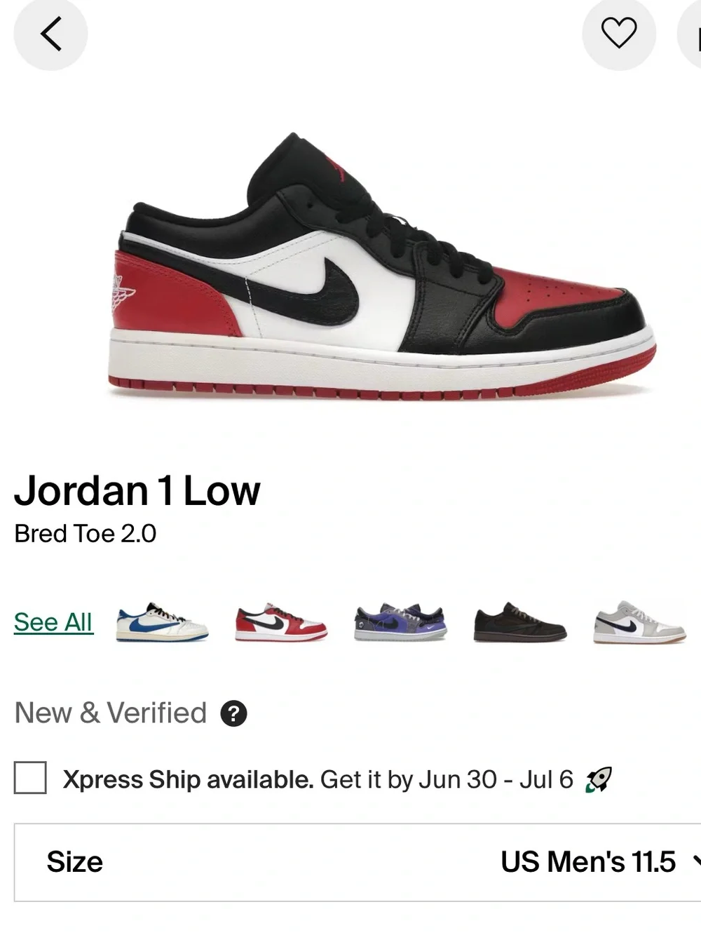 Jordan 1 Low “Bred Toe 2.0” Men’s Size 11.5